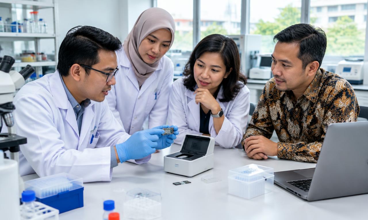Ilustrasi kolaborasi peneliti dan mitra di laboratorium
